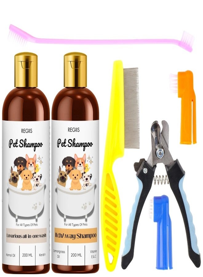 مجموعة ريجيس للعناية بالحيوانات الأليفة، مجموعة شامبو للكلاب مع مقص أظافر، مشط، فرشاة أسنان، غسول متكامل 200 مل، شامبو مضاد للحكة 200 مل لجميع أنواع الحيوانات الأليفة (عبوة من 5 قطع) - Image 1